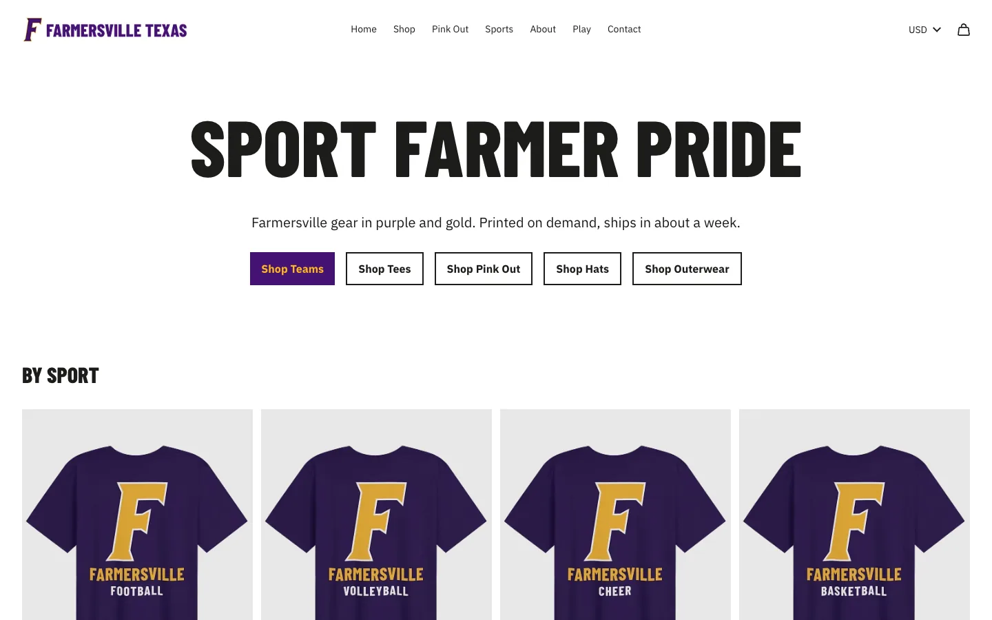 FarmersvilleTexas.com store homepage: Sport Farmer Pride, shop by team