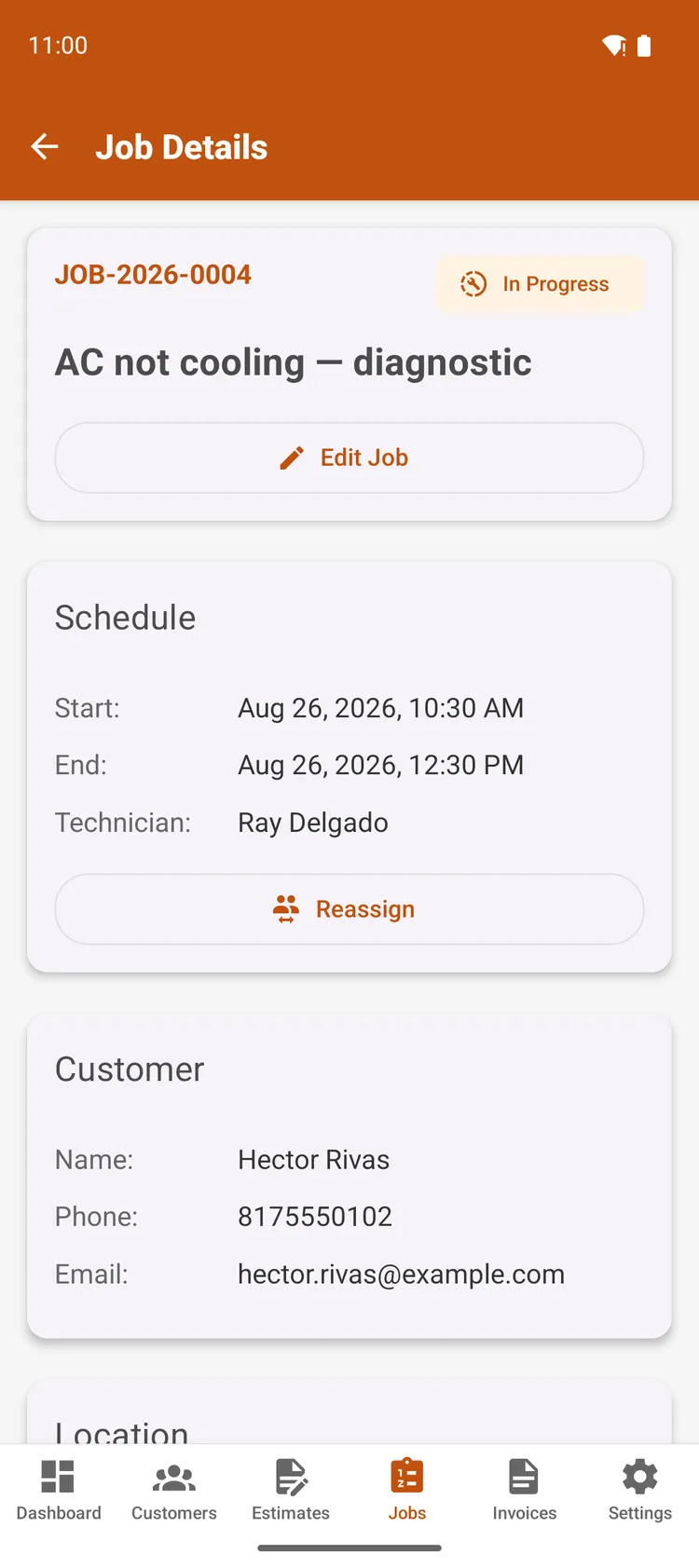 FSMsync job screen on a phone