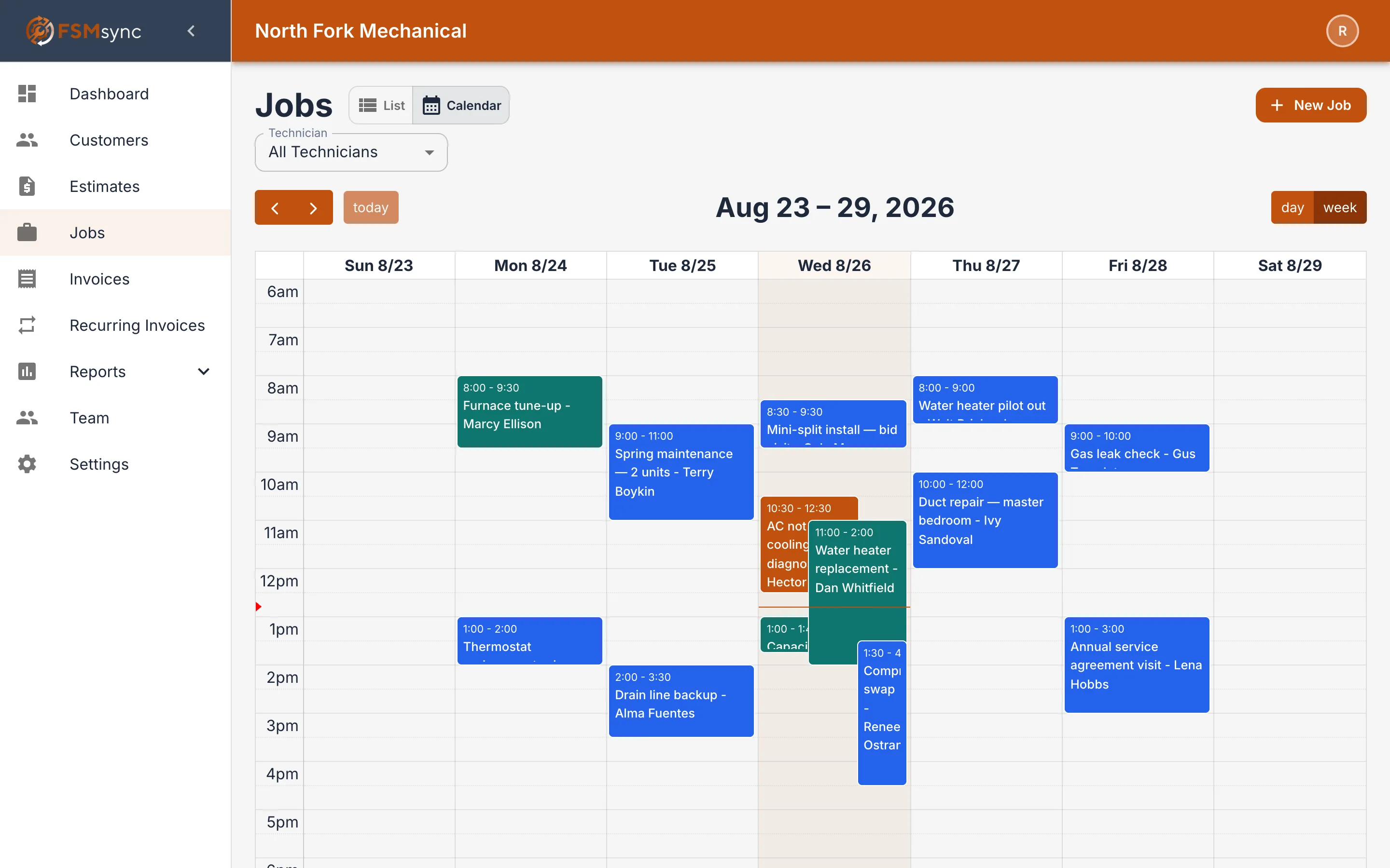 FSMsync desktop schedule view for a week of HVAC jobs